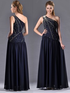Beautiful Column One Shoulder Beaded Mother Of The Bride Dress In Navy Blue