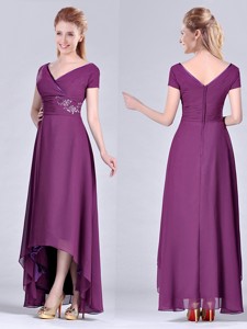 Short High-low Chiffon Dark Purple Short Sleeves Mother Of The Bride Dress With V Neck