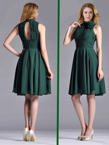 New High Neck Handmade Flower Dark Green Mother Of The Bride Dress With Open Back