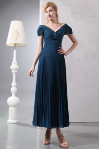 Elegant Navy Blue Homecoming Dress Column V-neck Ankle-length Chiffon and Organza Beading