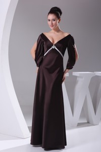 Modest Dark Purple V-neck Mothers Dress With Long Sleeves
