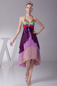 Asymmetrical Colorful Halter Top Tiers Back Out Mother Of The Bride Dress