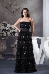 Black Ruffled Layers Strapless Floor-length Mother In Law Dress with Ruched Sash
