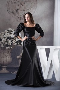 Fashion Black Square Long Sleeves Ruching Mothers Dress For Weddings