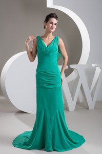 Turquoise V-neck Brush Train Ruched Mother of the Groom Dress