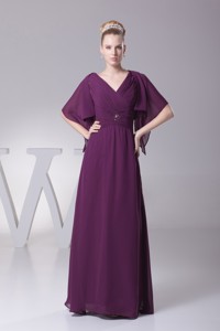 Beading And Ruching V-neck Long Mother Of The Bride Dress