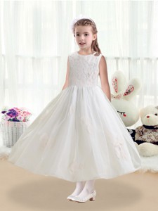 Cheap Scoop Tea Length White Flower Girl Dress With Appliques