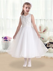Cheap Princess Scoop White Flower Girl Dress With Appliques