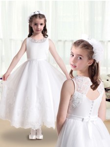 Lovely Empire Scoop Flower Girl Dress In White With Appliques