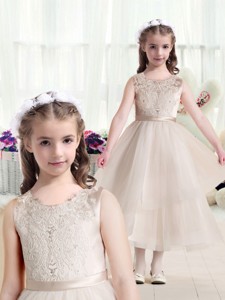 Most Popular Scoop Champagne Flower Girl Dress With Appliques
