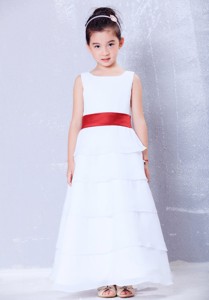 White And Red Scoop Ankle-length Chiffon Sash Flower Girl Dress