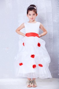 White And Red Scoop Ankle-length Organza And Taffeta Hand Made Flowers Flower Girl Dress