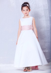 White And Pink Scoop Ankle-length Taffeta Sash Flower Girl Dress
