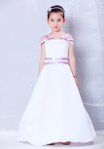 White And Lavender Straps Ankle-length Taffeta Bows Flower Girl Dress