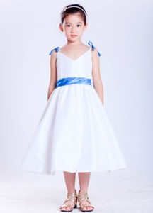 White And Blue V-neck Tea-length Taffeta Bows Flower Girl Dress
