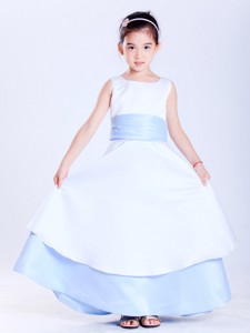 White And Light Blue Scoop Ankle-length Taffeta Sash Flower Girl Dress