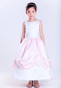 White And Pink Scoop Ankle-length Taffeta Hand Made Flowers Flower Girl Dress