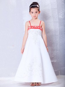 White And Red Straps Ankle-length Satin Embroidery Flower Girl Dress