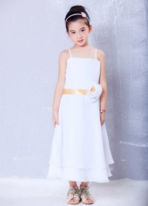 White Empire Straps Ankle-length Chiffon Hand Made Flower Flower Girl Dress 