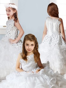 Fashionable Asymmetrical Neckline Flower Girl Dress with Beading and Ruffles 
