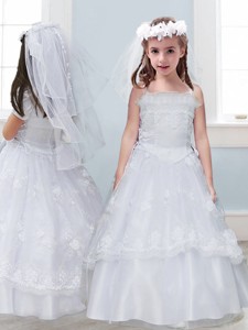 Perfect Laced Spaghetti Straps Tulle Flower Girl Dress in White 
