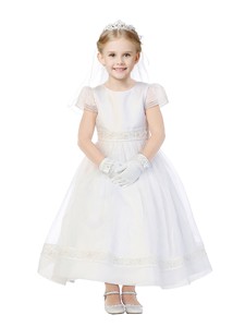 Modest Scoop Cap Sleeves Organza Flower Girl Dress with Appliques 