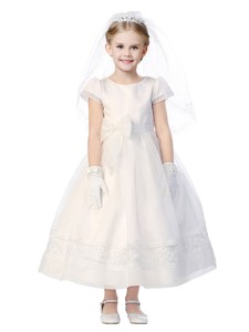 Classical Scoop Short Sleeves Flower Girl Dress with Appliques and Bowknot 