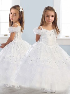 Exquisite Spaghetti Straps Cap Sleeves Little Girl Pageant Dress with Lace and Ruffled Layers 