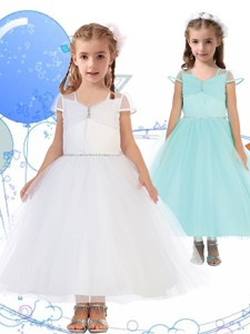 See Through Square Cap Sleeves Little Girl Pageant Dress with Beading 