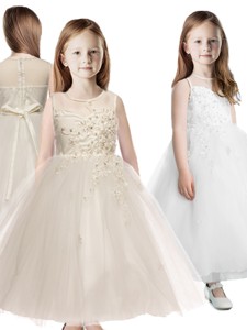 See Through Scoop Appliques Flower Girl Dress in Champagne 
