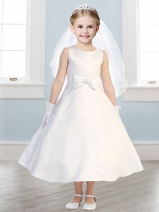 Simple Scoop Satin Bowknot Flower Girl Dress in White 