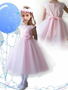 Lovely Scoop Hand Made Flowers and Appliques Flower Girl Dress in Baby Pink 