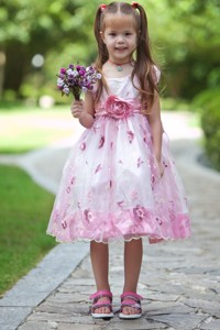 White And Pink Scoop Tea-length Taffeta And Organza Hand Made Flowers Flower Girl Dress