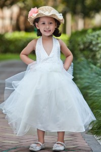 White Halter Ankle-length Taffeta And Tulle Beading Flower Girl Dress