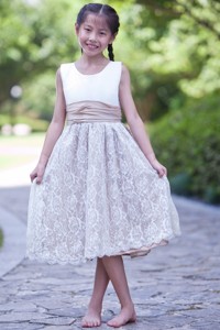 White And Champagne Scoop Tea-length Taffeta And Lace Flower Girl Dress