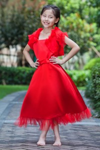 Red Square Ankle-length Satin And Tulle Flower Girl Dress