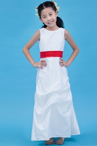 White Column Scoop Ankle-length Taffeta Belt Flower Girl Dress 