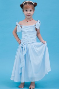 Baby Blue Straps Ankle-length Chiffon Ruch Flower Girl Dress