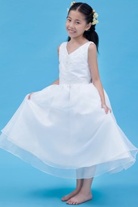 White V-neck Ankle-length Organza Appliques Flower Girl Dress