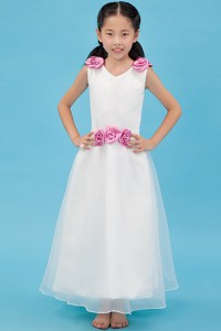 White V-neck Ankle-length Organza Hand Made Flowers Flower Girl Dress