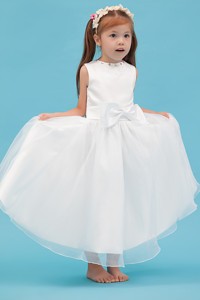 White Scoop Ankle-length Organza Sash Flower Girl Dress