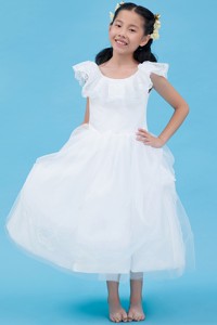 White Scoop Ankle-length Tulle Lace Flower Girl Dress