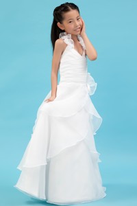 White Halter Floor-length Organza Ruch Flower Girl Dress
