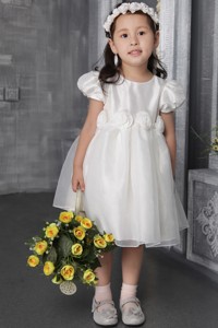 White Princess Scoop Tea-length Organza Hand Made Flowers Flower Girl Dress