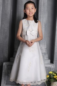 White Princess Scoop Tea-length Organza Beading Flower Girl Dress