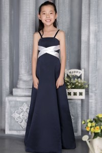 Navy Blue Column Straps floor-length Satin Flower Girl Dress 