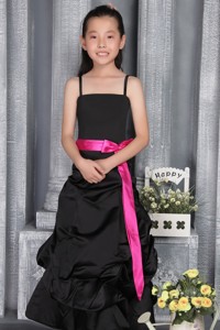 Black Princess Straps Floor-length Satin Belt Flower Girl Dress