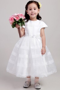 White Princess Scoop Tea-length Satin And Lace Hand Made Flower Flower Girl Dress