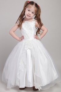 White Straps Ankle-length Taffeta And Organza Appliques Flower Girl Dress