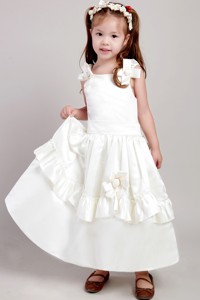White Straps Ankle-length Taffeta Bow Flower Girl Dress
